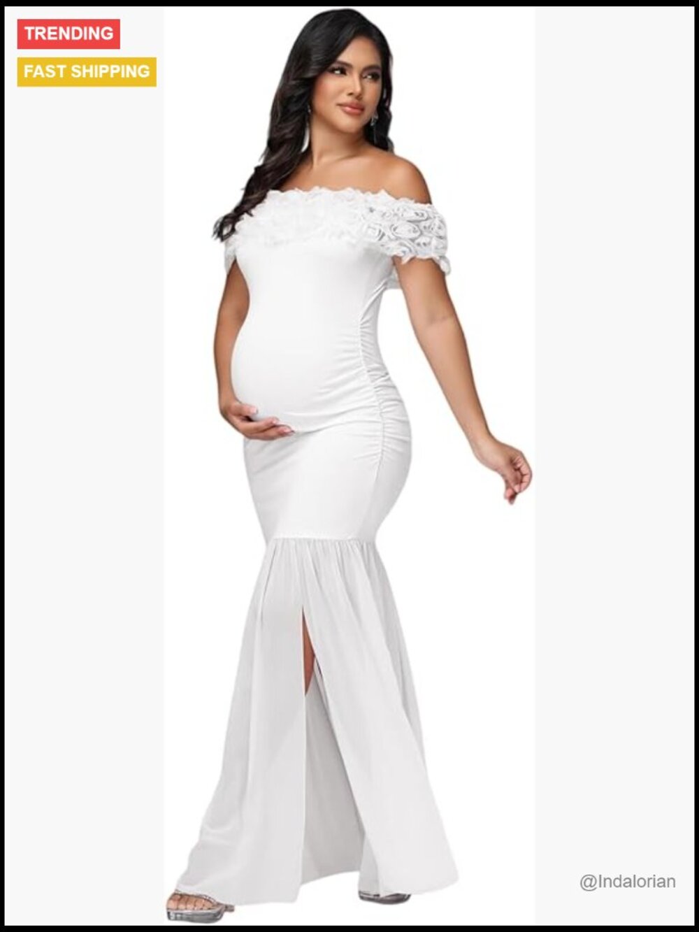 Maternity Floral Off Shoulder Maxi Dress Chiffon Paneled Rouched Split Gown